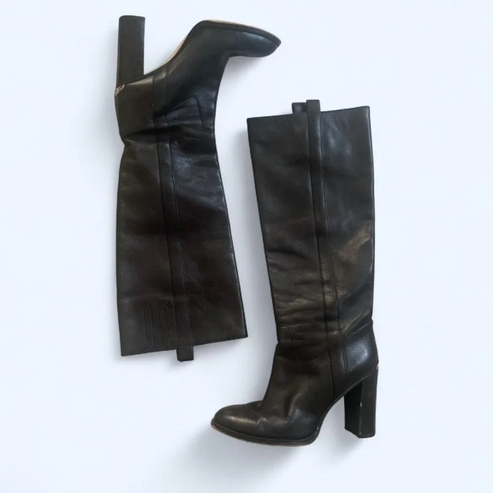 Michael Kors black‎ leather knee high pull on boots block heel size 8.5